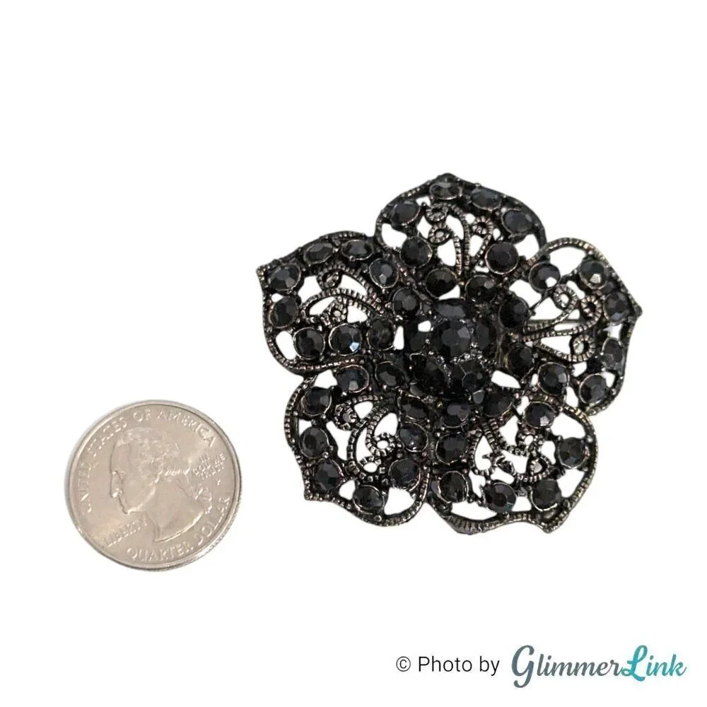 Vintage Black Rhinestones Filigree Lace Flower Brooch Pin